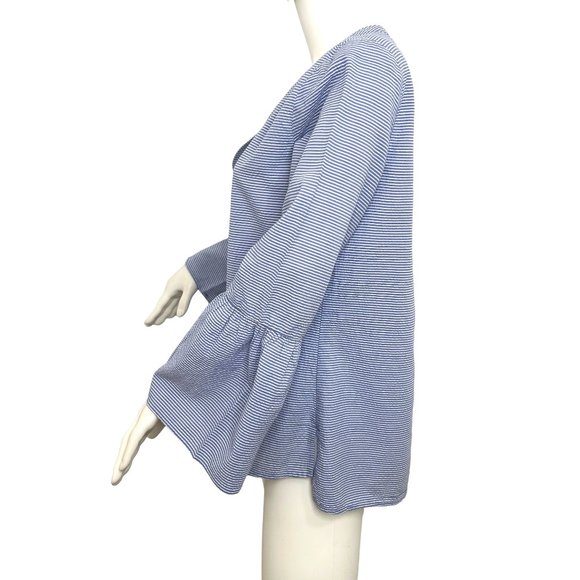 Ann Taylor Women’s Blouse Blue S Long Bell Sleeves Horizontal Mini Stripe Cotton - Picture 4 of 11